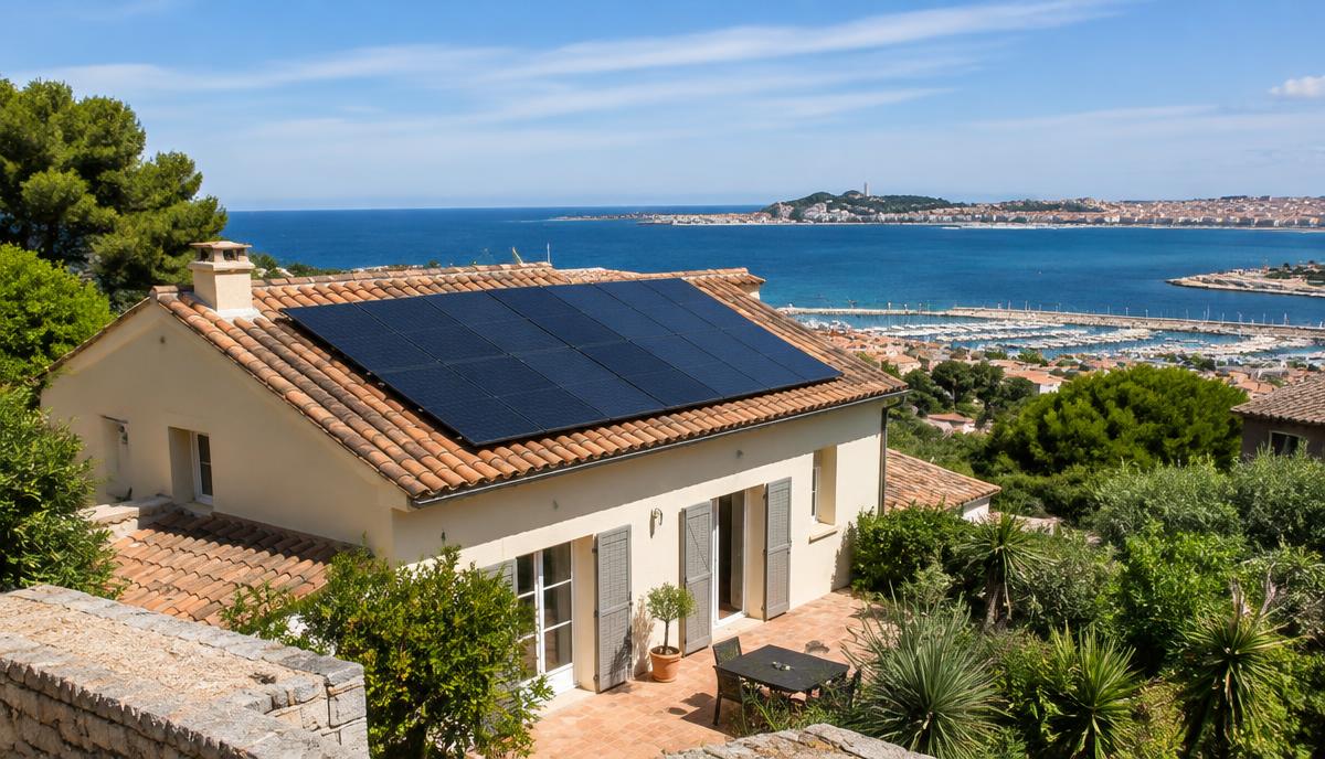 Maison avec panneaux solaires face à la mer à Sète, dans l'Hérault