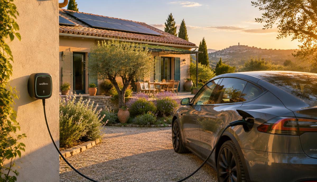 Voiture électrique en recharge devant une maison équipée de panneaux solaires dans l'Hérault