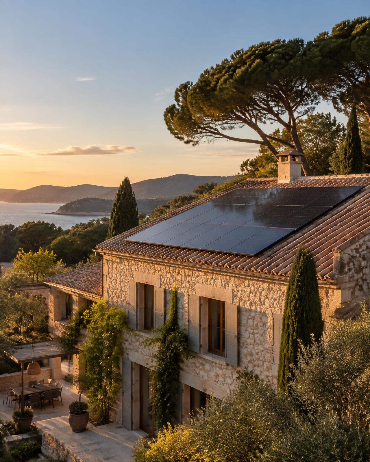 Panneaux solaires sur une toiture en tuiles dans l'Hérault sous un ciel ensoleillé